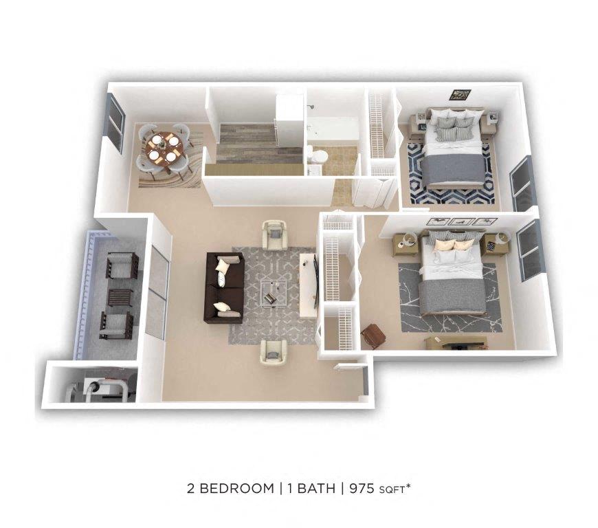 Floor plan for 2 beds, 1 bath, 975 sqft